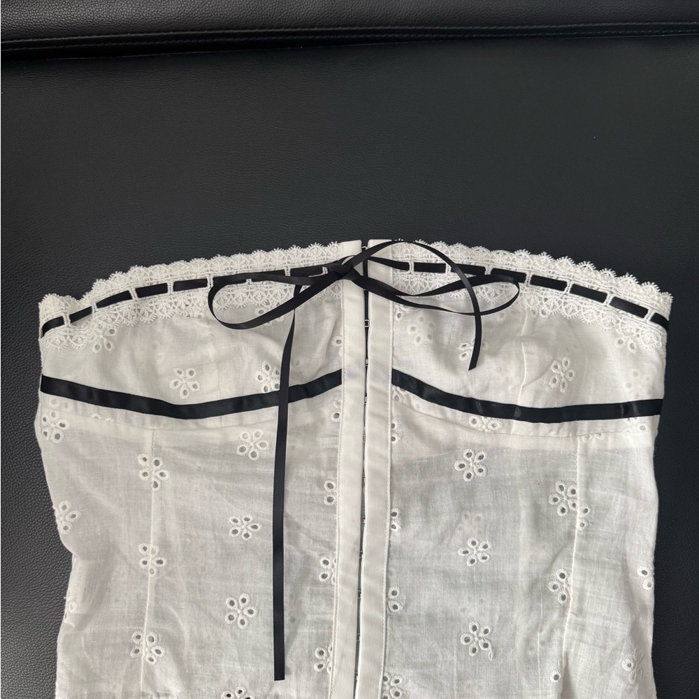 White Strapless Eyelet Top with Black Ribbon
